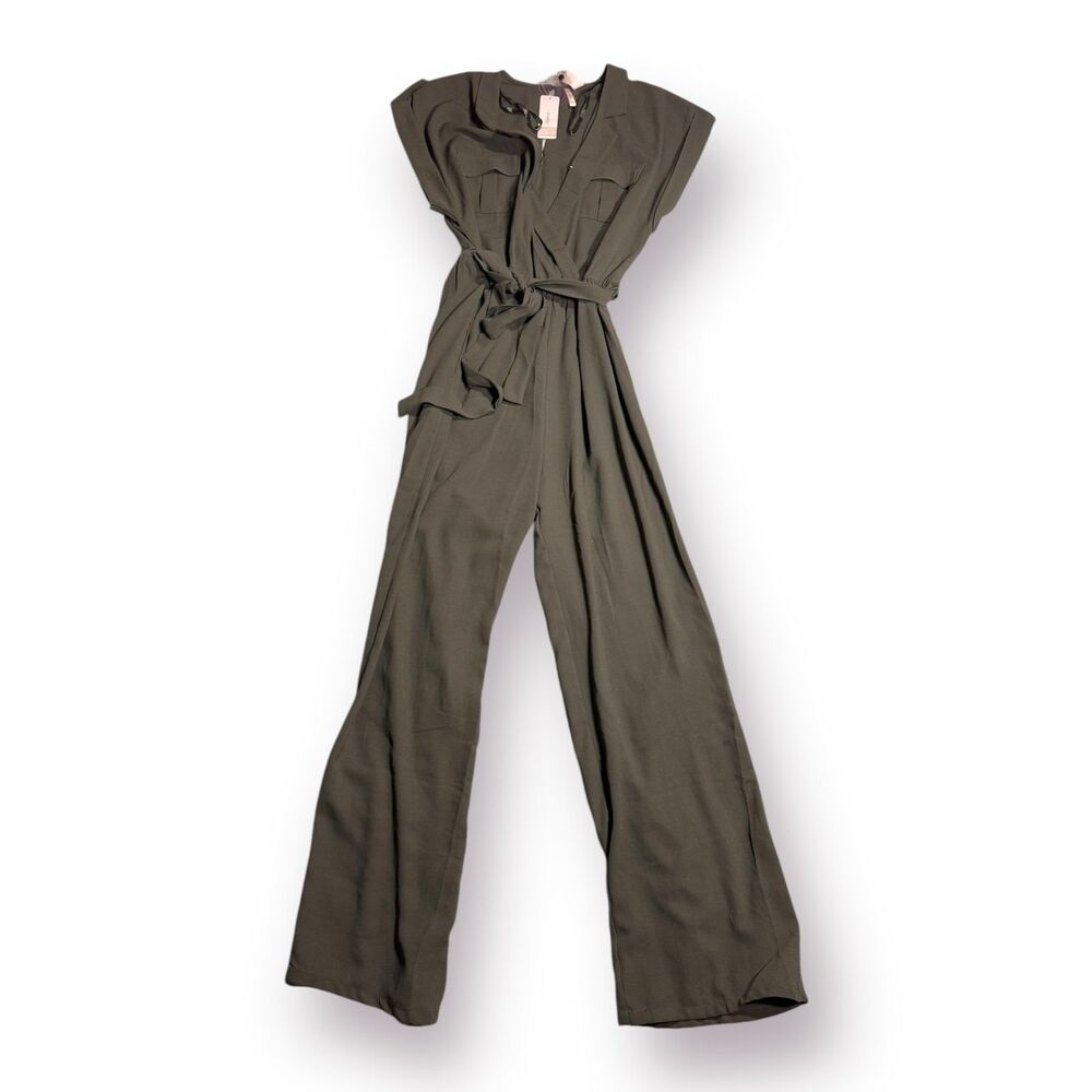 Japna Dark‎ Olive Jumpsuit W/ Waist Tie Womens Size Large Cuff Sleeve